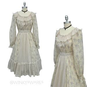 Gunne Sax Vintage 70s Drawstring Neck Midi Dress Size S 9 Floral Calico Prairie